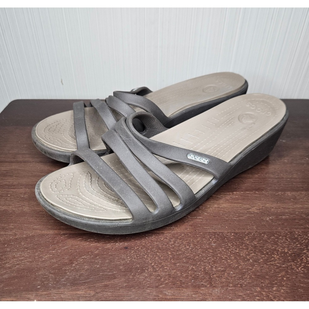 Crocs Sanrah Wedge Sandals Women 11 Brown Strappy Comfort Summer Casual